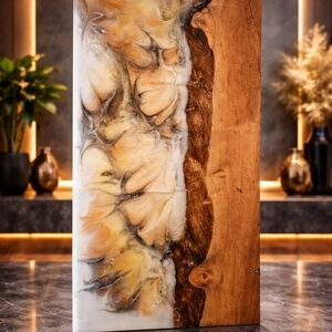 Handmade Wood and Resin Live Edge Board in White and Gold